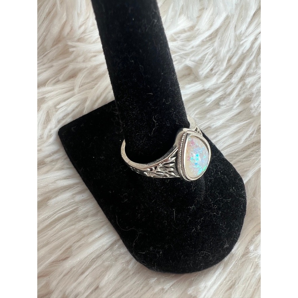 Vintage Opalite Ring 7.5 Silver Statement Teardrop Iridescent Cabochon Festival‎